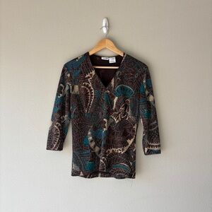 y2k brown & blue paisley print v-neck blouse
